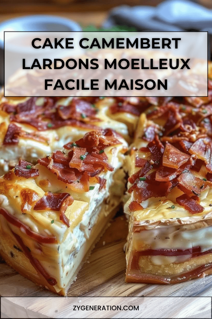 Cake camembert et lardons salé, tranches moelleuses avec fromage fondant visible, présenté sur une planche rustique.