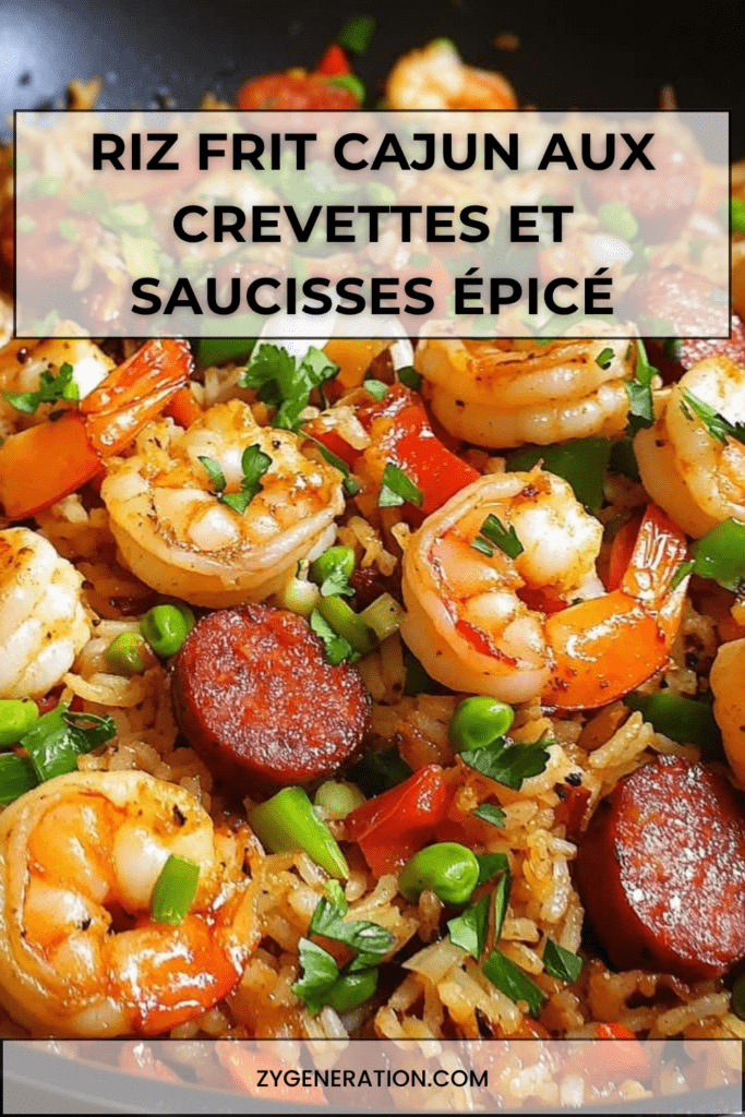 Riz frit cajun aux crevettes et saucisses, coloré avec poivrons, œufs brouillés et oignons verts, servi chaud dans une poêle.