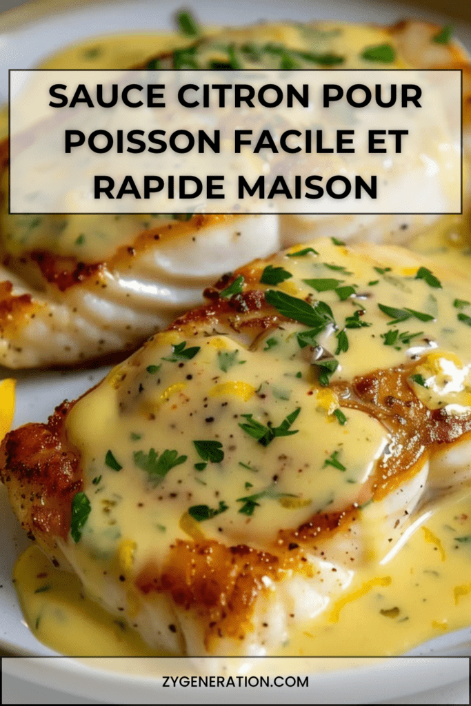 Sauce au citron onctueuse nappant un filet de poisson, avec persil frais et texture légèrement épaisse et brillante.