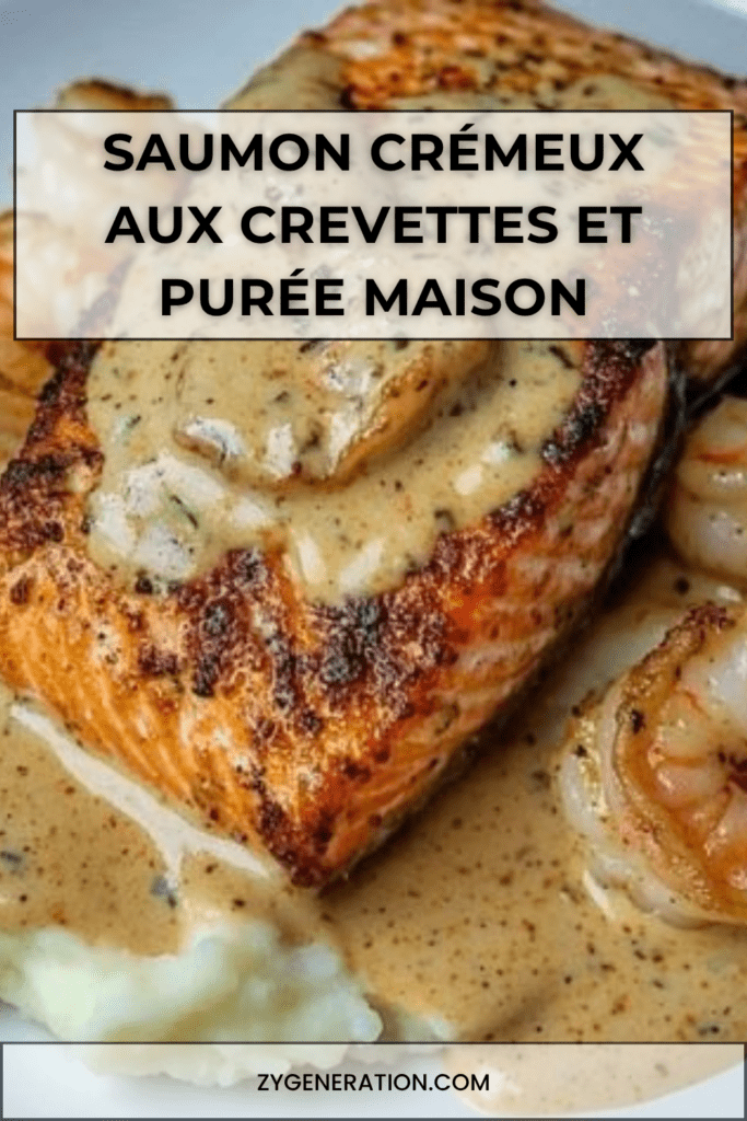 Pavé de saumon poêlé accompagné de crevettes nappées de sauce crémeuse, servi avec une purée de pommes de terre lisse et onctueuse.
