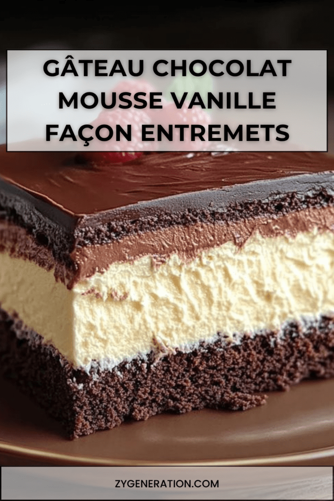 Gâteau chocolat avec base moelleuse, mousse vanille aérienne et ganache brillante, décoré de framboises fraîches sur le dessus.