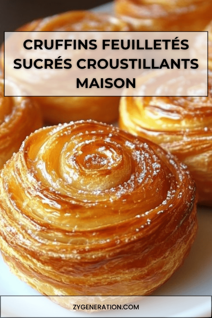 Cruffins dorés et croustillants en spirale, avec couches feuilletées caramélisées, saupoudrés de sucre glace dans un moule à muffins.