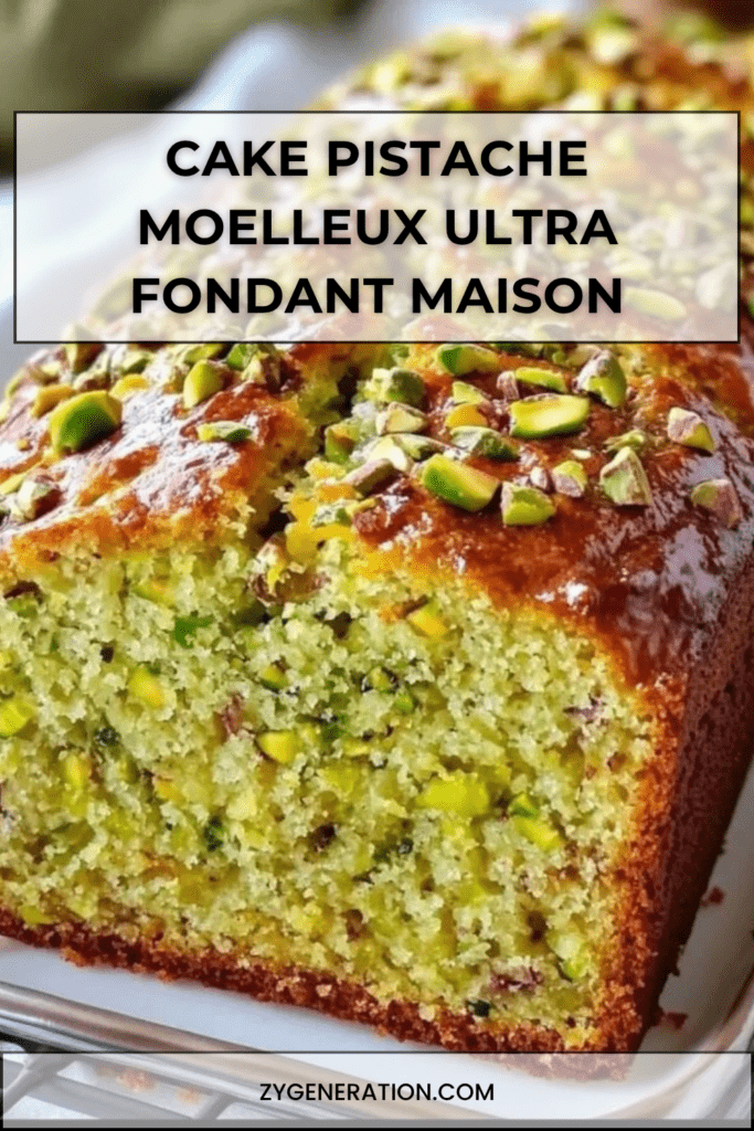 Cake à la pistache moelleux avec croûte brillante, parsemé de pistaches concassées, texture fondante et intérieur vert délicat.