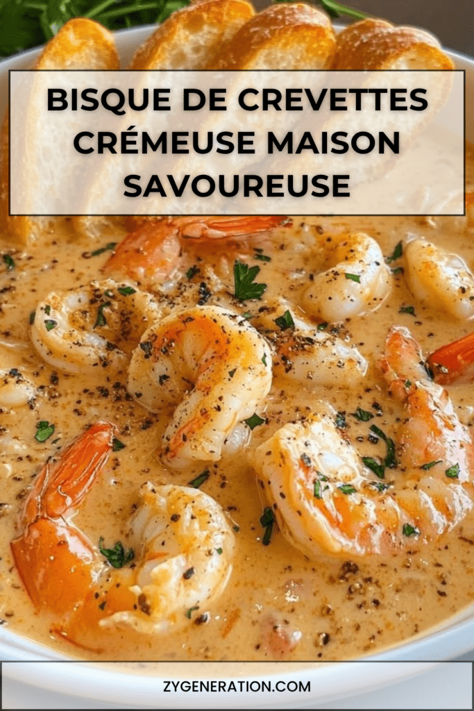 Bol de bisque de crevettes onctueuse, couleur orangée intense, garnie de crevettes tendres et persil frais, servie avec pain grillé.