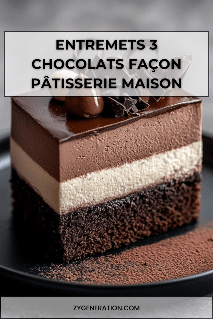 Entremets trois chocolats avec couches distinctes noir, lait et blanc, recouvert d’un glaçage brillant et décoré de copeaux de chocolat.
