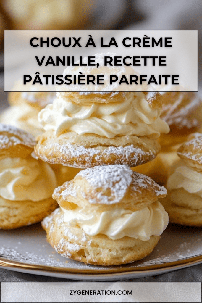 Choux à la crème vanille dorés et garnis, saupoudrés de sucre glace, avec une texture légère et une crème pâtissière onctueuse visible à l’intérieur.