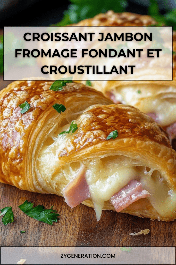 Croissant jambon fromage dorés au four avec fromage fondu et filant, intérieur moelleux et extérieur croustillant, servis chauds.