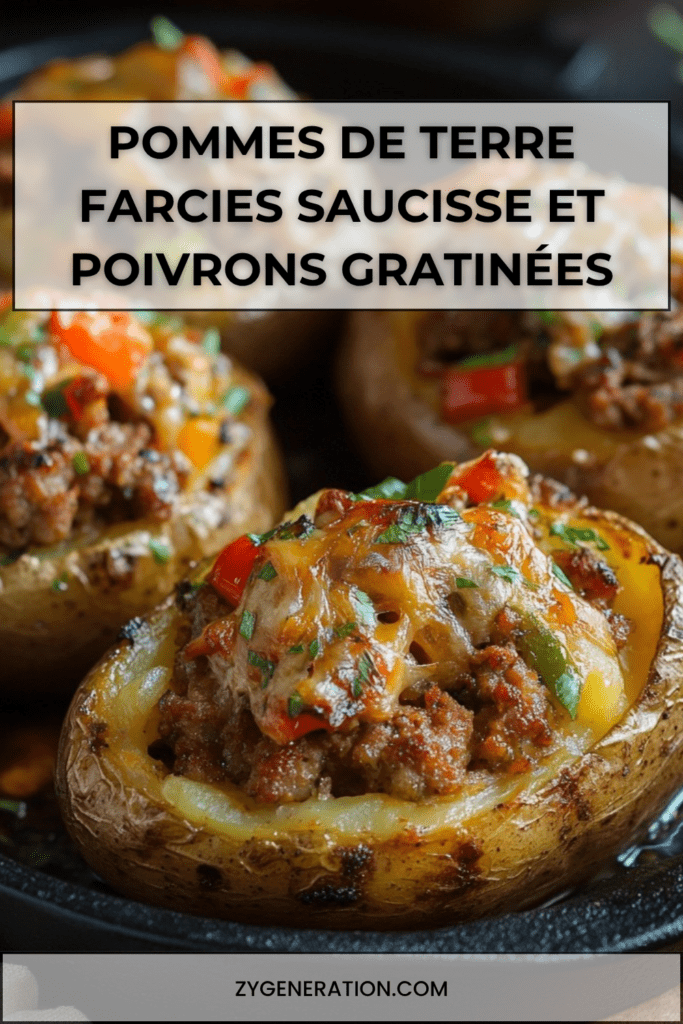 Pommes de terre farcies à la saucisse et aux poivrons, gratinées avec fromage fondu doré, servies chaudes dans un plat au four.