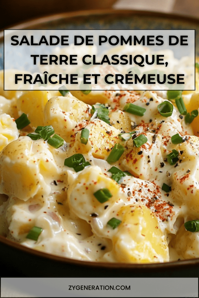 Saladier de salade de pommes de terre classique avec morceaux de pommes de terre fondants, œufs durs, oignon rouge, céleri, cornichons et ciboulette fraîche.