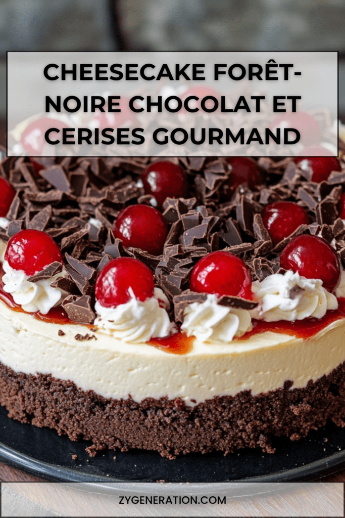 Cheesecake chocolat façon Forêt-Noire avec croûte de biscuits, garniture crémeuse au cacao, cerises brillantes et chantilly décorée de copeaux de chocolat.