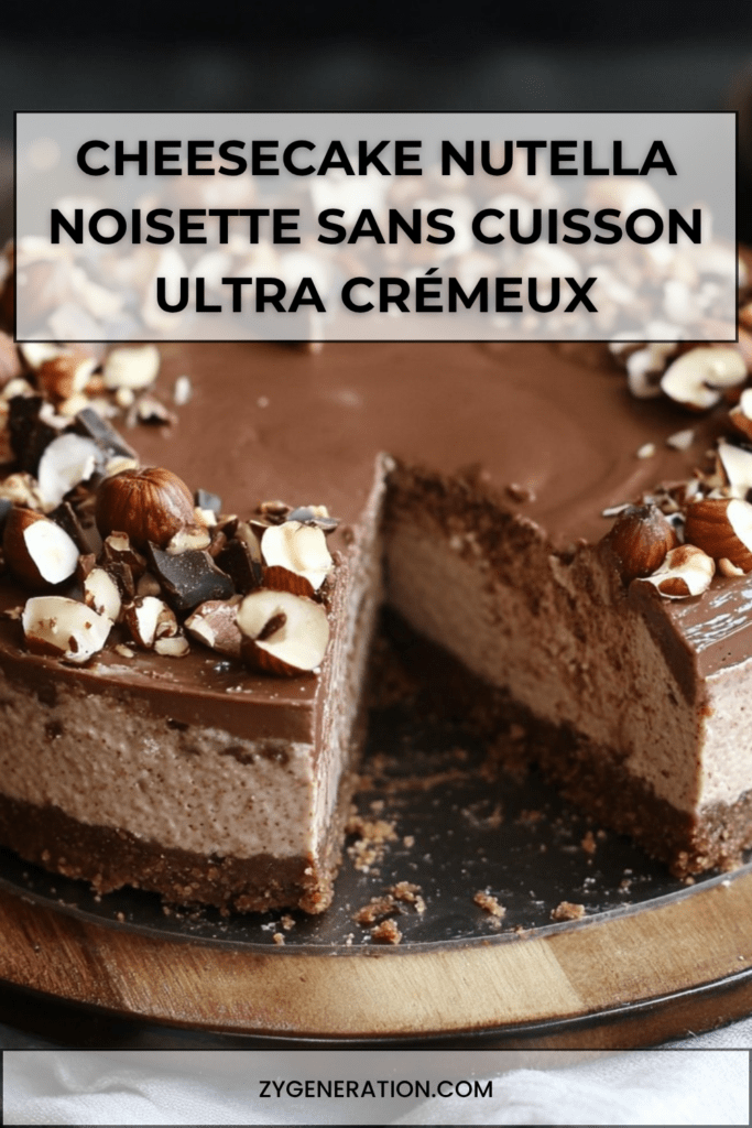 Cheesecake sans cuisson au Nutella et noisette avec base biscuitée, garniture crémeuse lisse et décor de noisettes, chocolat et filet de Nutella.