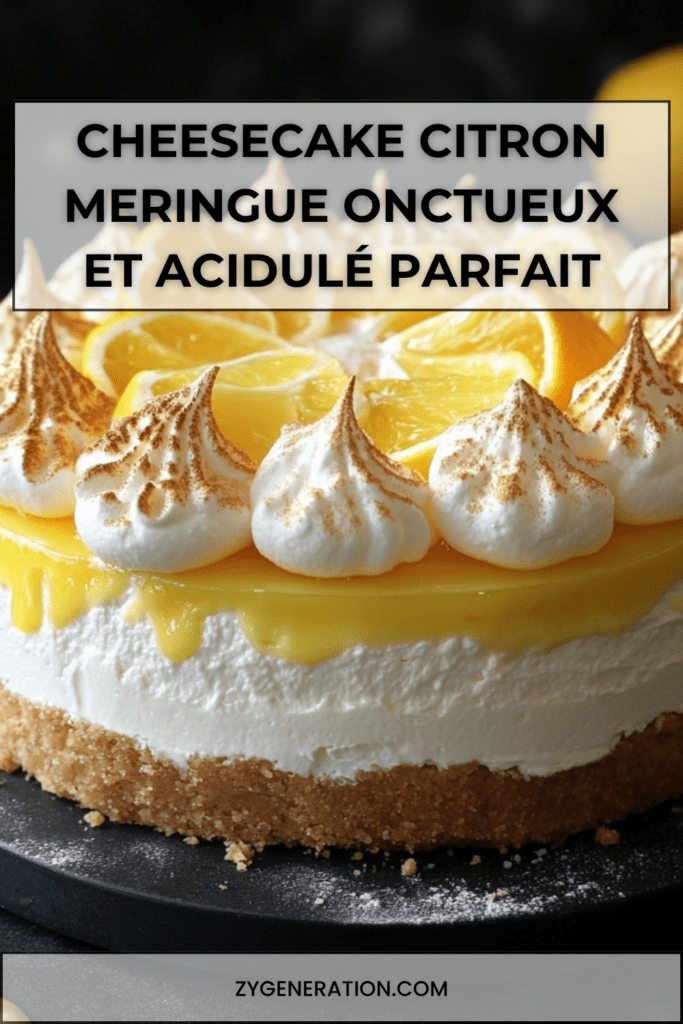 Cheesecake citron meringué avec base biscuitée dorée, garniture crémeuse au citron et meringue italienne caramélisée sur le dessus.