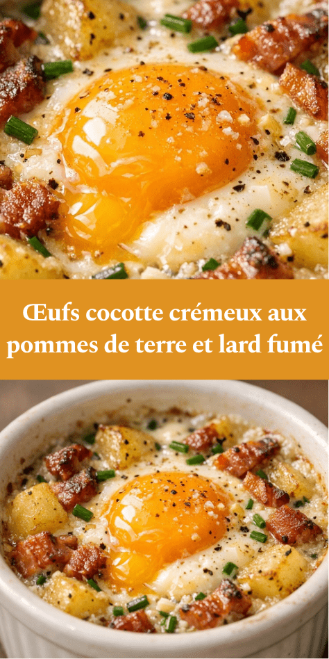 Deux œufs cocotte servis en ramequins, garnis de crème onctueuse, pommes de terre fondantes, lard fumé croustillant et ciboulette fraîche.