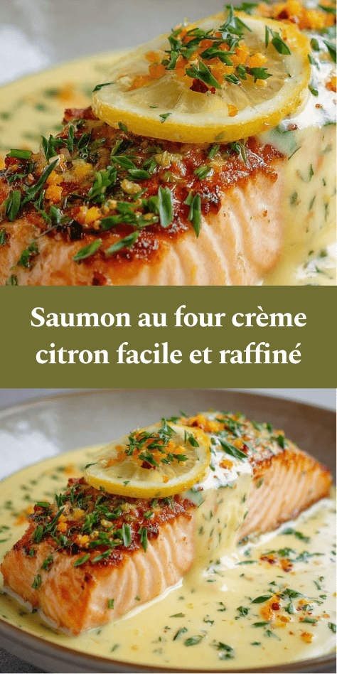 Pavés de saumon au four nappés d’une sauce crémeuse au citron, garnis de rondelles de citron et d’herbes fraîches dans un plat de cuisson.