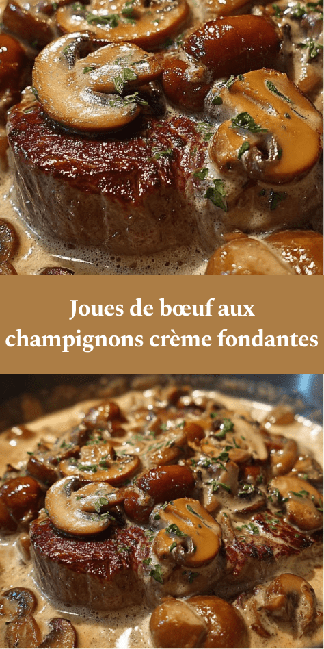 Joues de bœuf mijotées avec champignons dans une sauce crémeuse, servies chaudes avec persil frais dans une cocotte rustique.