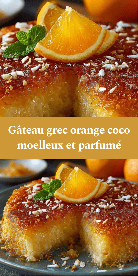 Gâteau grec à l’orange et noix de coco imbibé de sirop, texture moelleuse, décoré de zestes d’orange et de coco râpée.