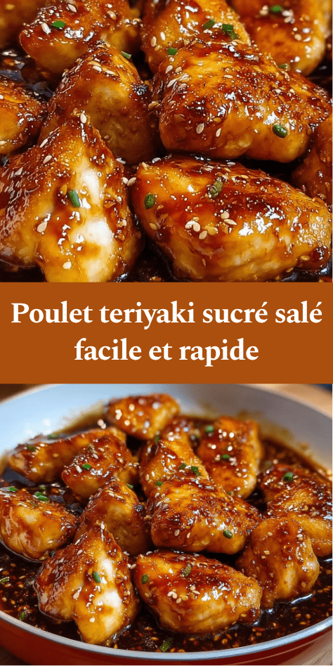 Morceaux de poulet teriyaki brillante, parsemés de sésame et ciboulette, servis avec du riz dans une assiette.
