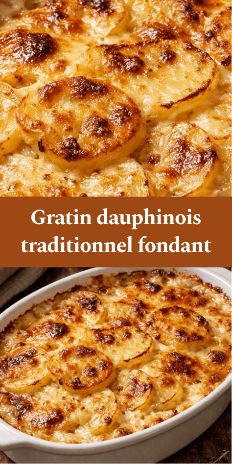Gratin dauphinois traditionnel doré au four, couches de pommes de terre fondantes nappées de crème, servi dans un plat à gratin rustique.