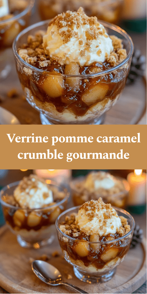 Verrine pomme caramélisées, crème onctueuse et crumble de biscuits sablés, nappées de caramel fondant.