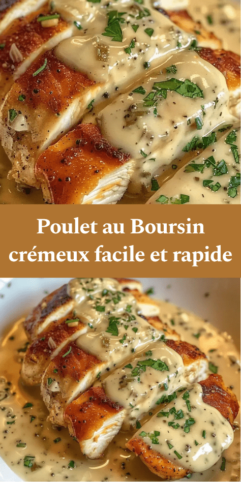 Blancs de poulet au boursin dorés nappés d’une sauce crémeuse au Boursin, garnis de persil frais dans une poêle chaude.