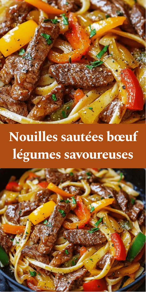 Nouilles sautées au bœuf avec poivrons colorés, oignon et herbes fraîches, servies chaudes dans un wok.