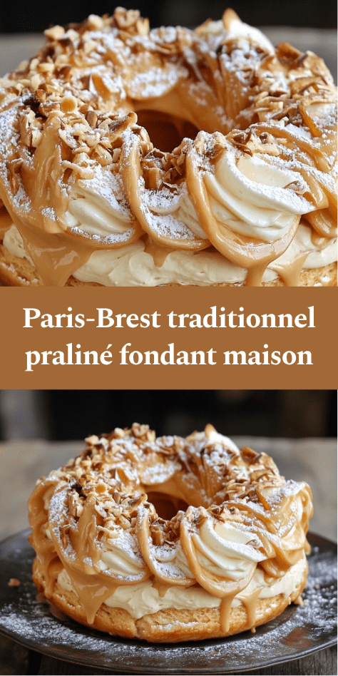 Paris-Brest en forme de couronne garni de crème pralinée, pâte à choux dorée avec amandes effilées et sucre glace.