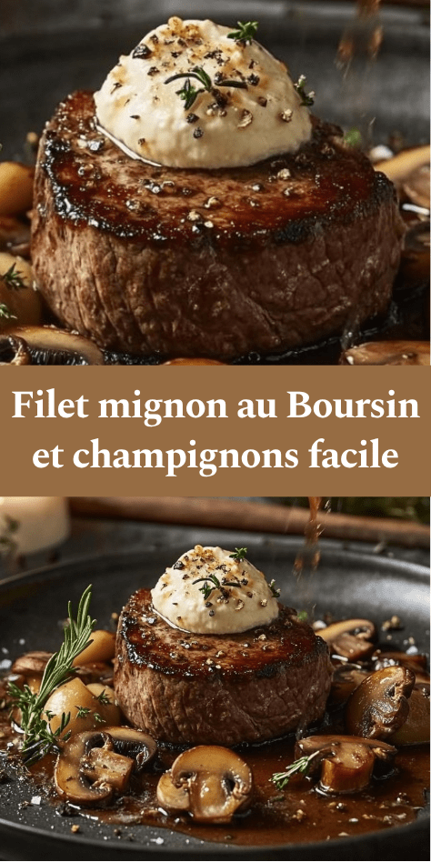 Filet mignon de porc nappé d’une sauce crémeuse au Boursin avec champignons de Paris dorés, servi chaud avec persil frais dans une poêle.