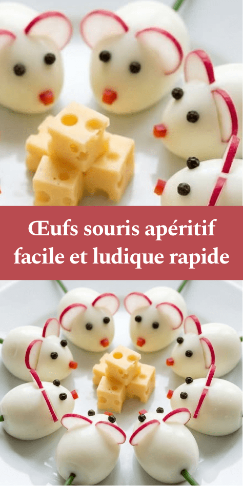 Œufs souris durs décorés en petites souris avec oreilles en radis, yeux en poivre, nez en carotte et queue en ciboulette, présentés avec cubes de fromage.