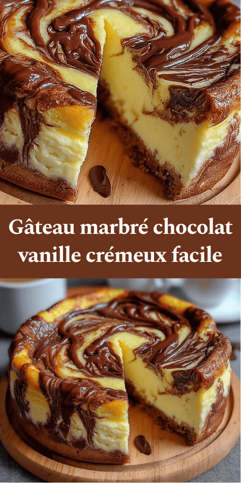 Gâteau marbré chocolat vanille moelleux avec texture crémeuse, tranches visibles révélant un marbrage chocolat fondu et vanille, servi sur une assiette.