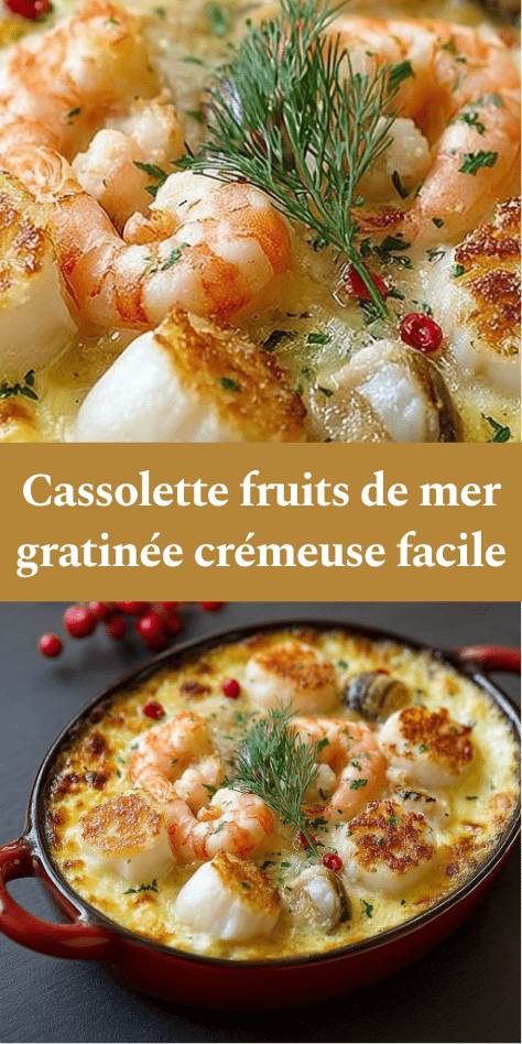 Cassolette de fruits de mer gratinée au four avec crevettes, moules et Saint-Jacques nappées d’une sauce crémeuse dorée au fromage.