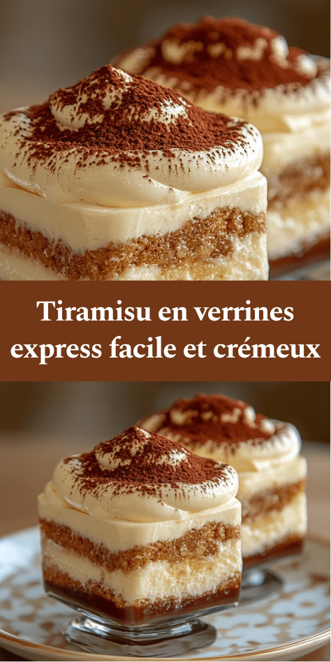 Tiramisu en verrines crémeux avec couches de biscuits imbibés de café, crème mascarpone légère et cacao saupoudré sur le dessus.