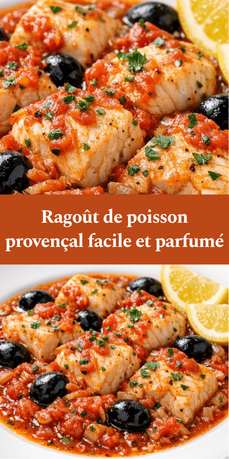 Ragoût de poisson provençal avec morceaux de poisson blanc dans une sauce tomate aux olives noires, ail et herbes, servi chaud en cocotte.