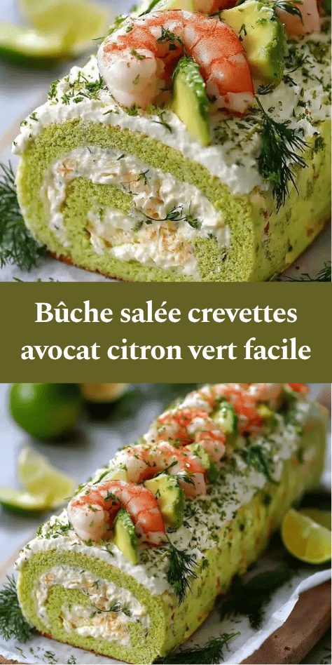 Bûche salée roulée garnie de crème avocat, crevettes et citron vert, décorée avec herbes fraîches et tranches d’avocat.