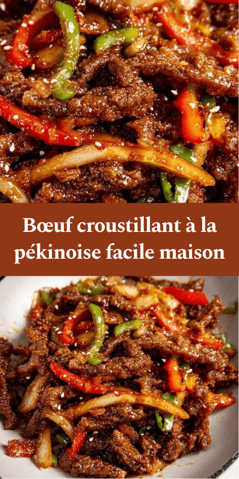 Lamelles de bœuf croustillant enrobées de sauce brillante sucrée salée avec poivrons rouges et verts, servies dans un wok fumant.