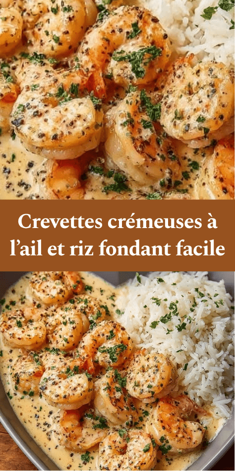 Crevettes dorées nappées de sauce crémeuse à l’ail servies avec du riz moelleux, garnies de persil frais et citron.