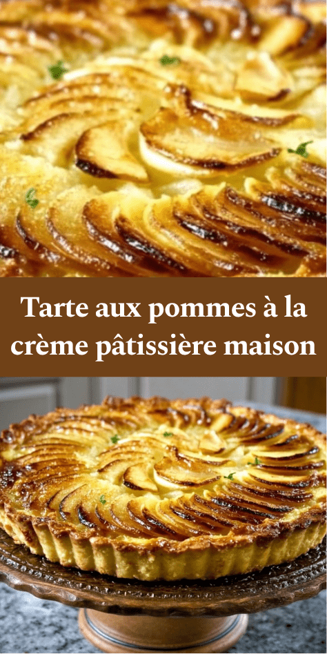 Tarte aux pommes avec crème pâtissière onctueuse, pommes en rosace légèrement caramélisées sur pâte croustillante dorée.