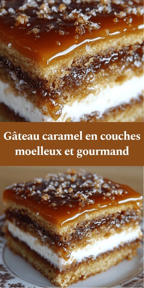 Gâteau caramel en couches avec nappage brillant, crème onctueuse et intérieur moelleux, présenté en parts gourmandes.