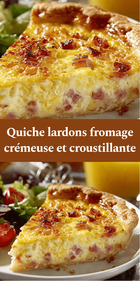 Quiche lardons fromage dorée, avec pâte croustillante, garniture crémeuse et fromage fondu gratiné en surface.