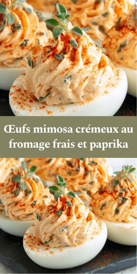 Œufs mimosa garnis de crème onctueuse au fromage frais, saupoudrés de paprika et décorés de thym frais sur un plat.