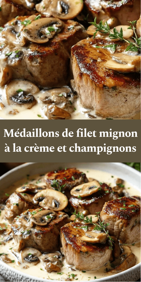Médaillons de filet mignon nappés de sauce crémeuse aux champignons, servis chauds avec persil frais et texture fondante.