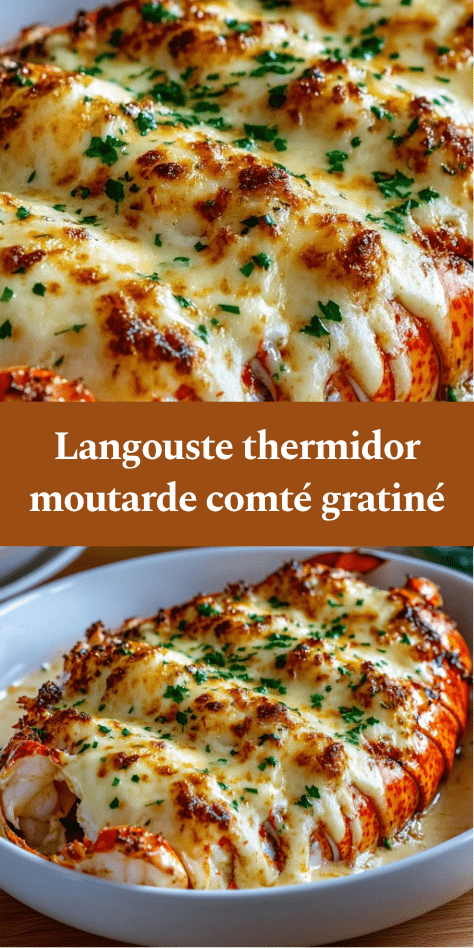 Langouste thermidor gratinées au comté, nappées de sauce crémeuse à la moutarde, surface dorée et chair tendre.