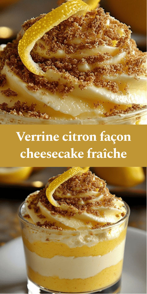 Verrines citron façon cheesecake avec couches de biscuits spéculoos, crème légère au fromage et citron, décorées de zestes.