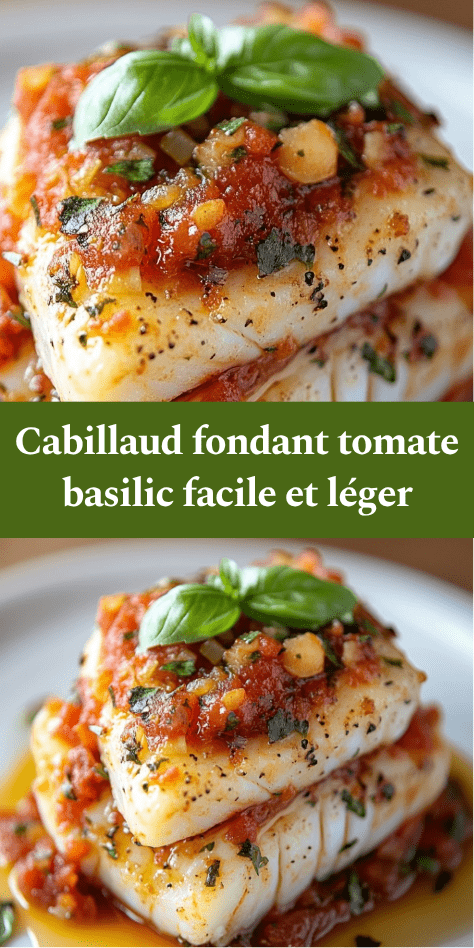 Dos de cabillaud fondant nappé de sauce tomate au basilic, servi chaud avec herbes fraîches et texture nacrée.
