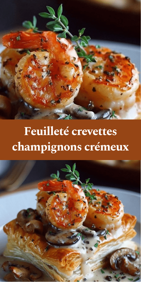 Feuilleté doré croustillant garni de crevettes et champignons à la crème, décoré de persil frais et servi chaud.