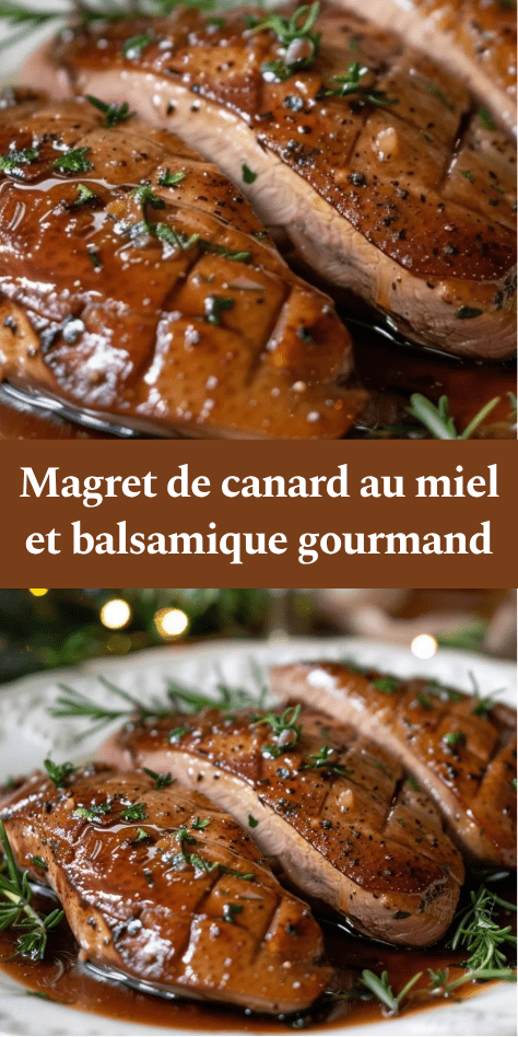 Magret de canard tranché avec peau croustillante nappé de sauce miel balsamique, servi chaud avec brillance appétissante.