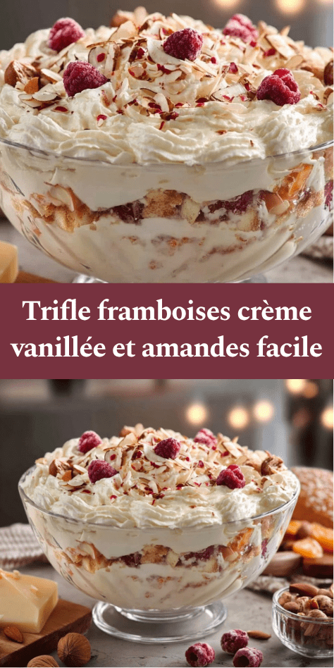 Trifle framboises en couches avec crème vanillée, biscuit moelleux, amandes croquantes et copeaux de chocolat blanc.