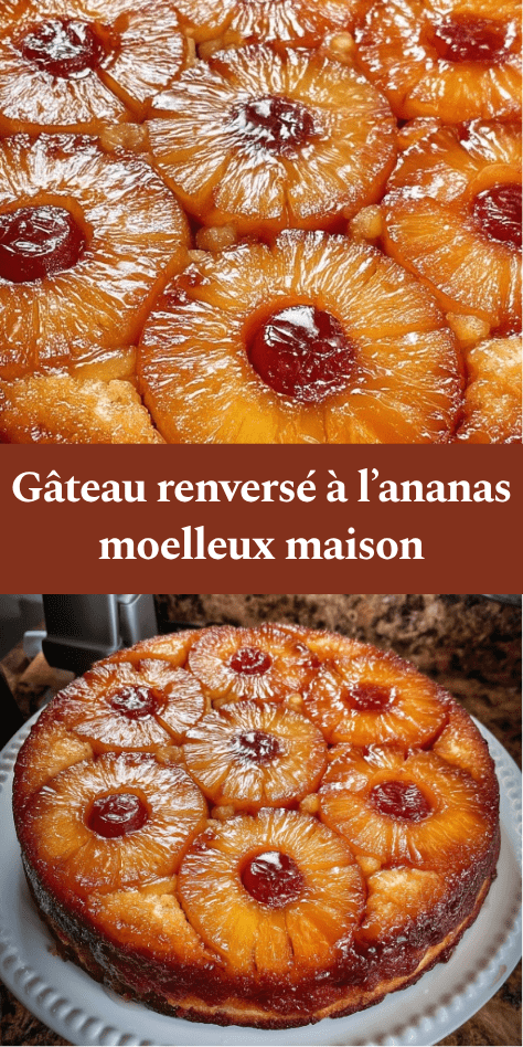 Gâteau renversé à l’ananas maison, doré et moelleux, garni de rondelles d’ananas caramélisées et démoulé sur un plat de service.