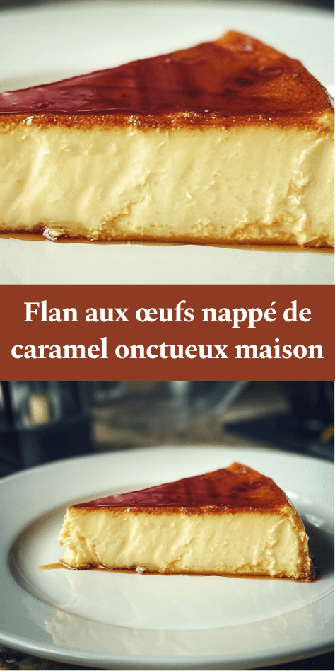 Flan aux œufs maison nappé de caramel doré, à la texture lisse et fondante, démoulé sur une assiette avec son coulis brillant.