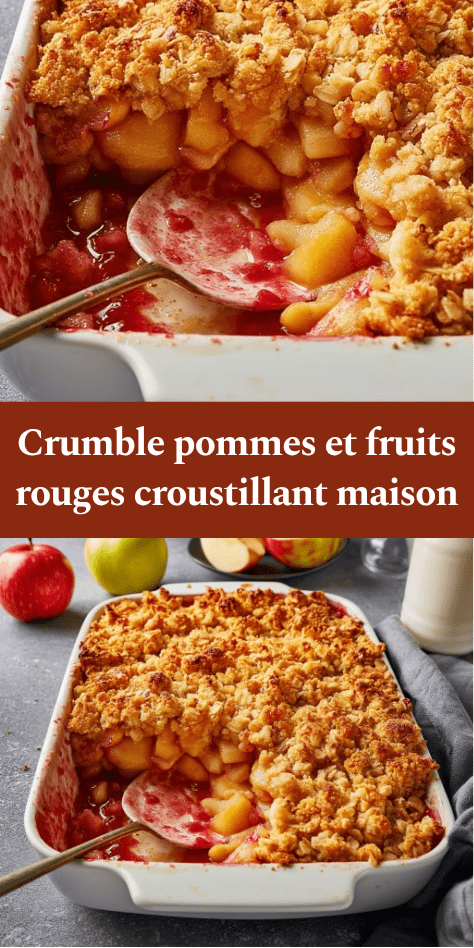 Crumble pommes et fruits rouges doré et croustillant, avec fruits fondants légèrement acidulés, servi chaud dans un plat avec texture sablée.