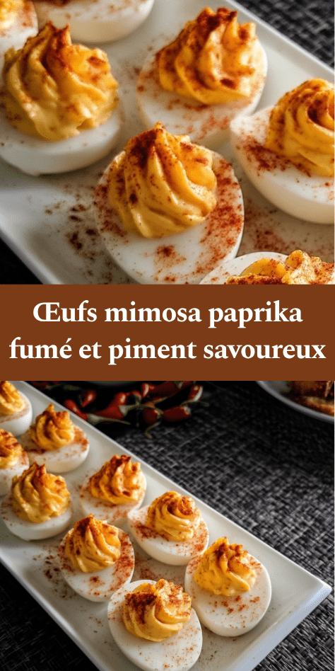 Œufs mimosa garnis d’une crème onctueuse au paprika fumé, légèrement pimentée, décorés d’herbes fraîches et présentés sur un plateau.